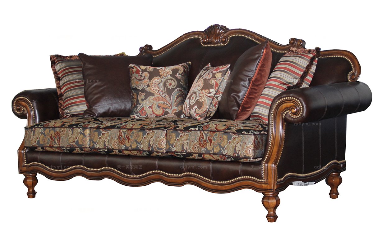高端實木美式雕花三位真皮沙發