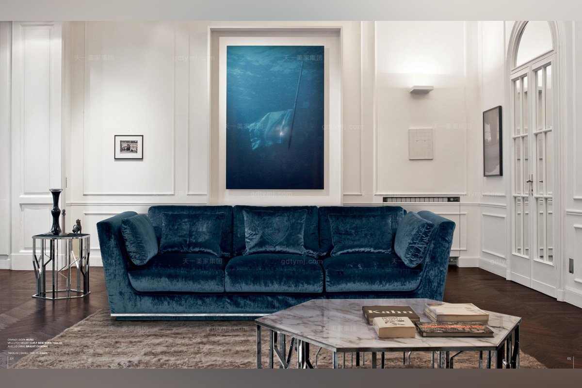 Longhi現代深海藍布藝三人沙發