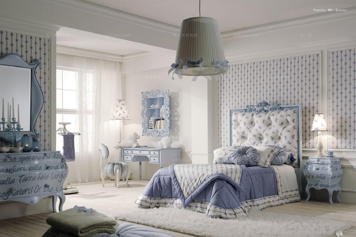 北京高端別墅家具Volpi 意大利進口高端時尚法式淺藍色雕花雙人床