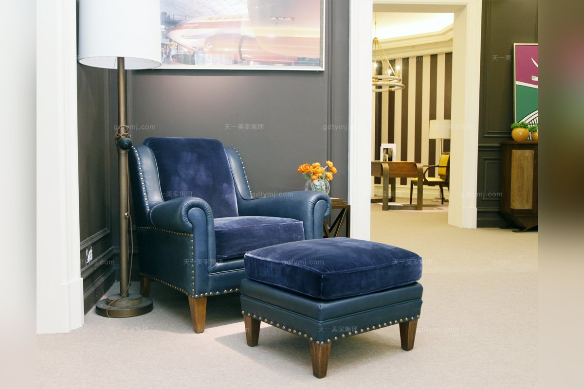 高端時(shí)尚簡約美式鄉(xiāng)村家具真皮藍(lán)色休閑椅