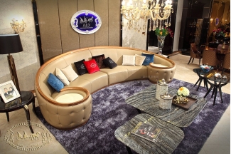 高端五星級酒店樣板房家具米黃真皮弧形沙發