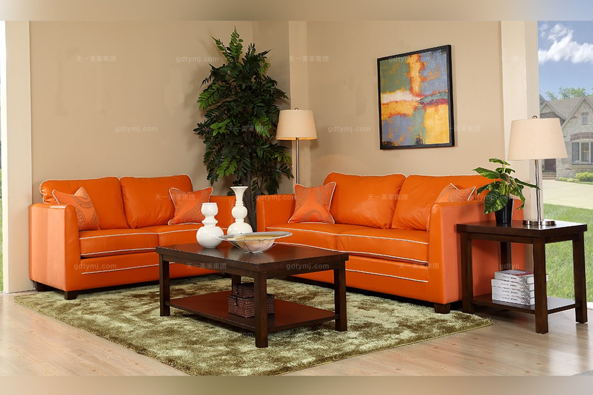 高端會所別墅家具實木美式橘黃色三位沙發