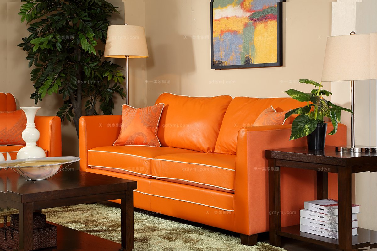 高端會所別墅家具實木美式橘黃色三位沙發