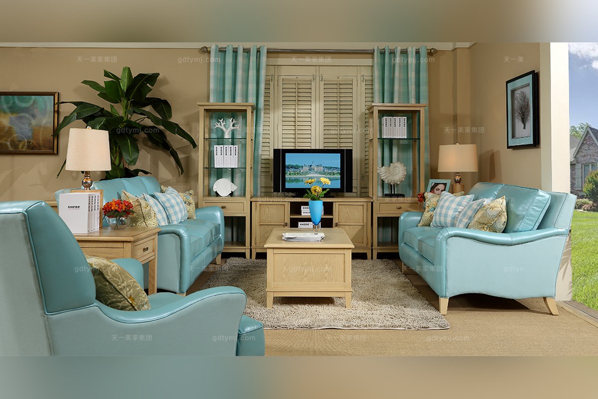 高端別墅家具品牌美式藍色真皮三位沙發