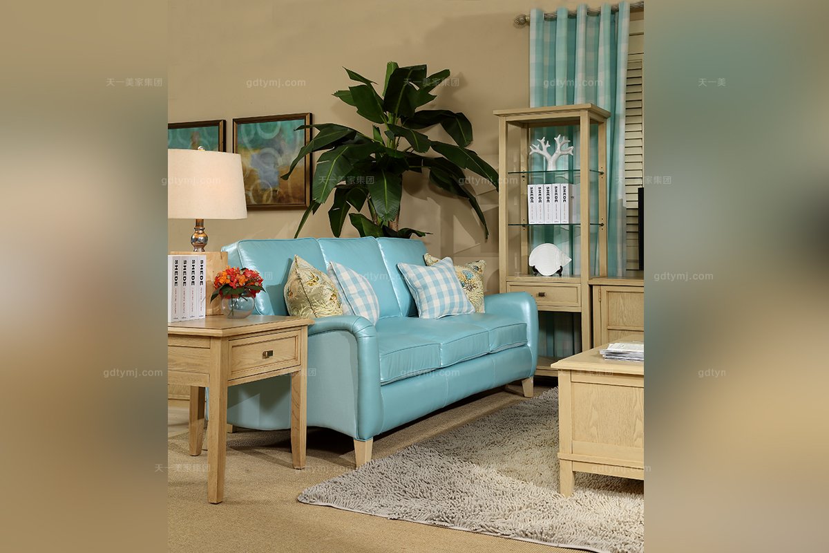 高端別墅家具品牌美式藍色真皮三位沙發