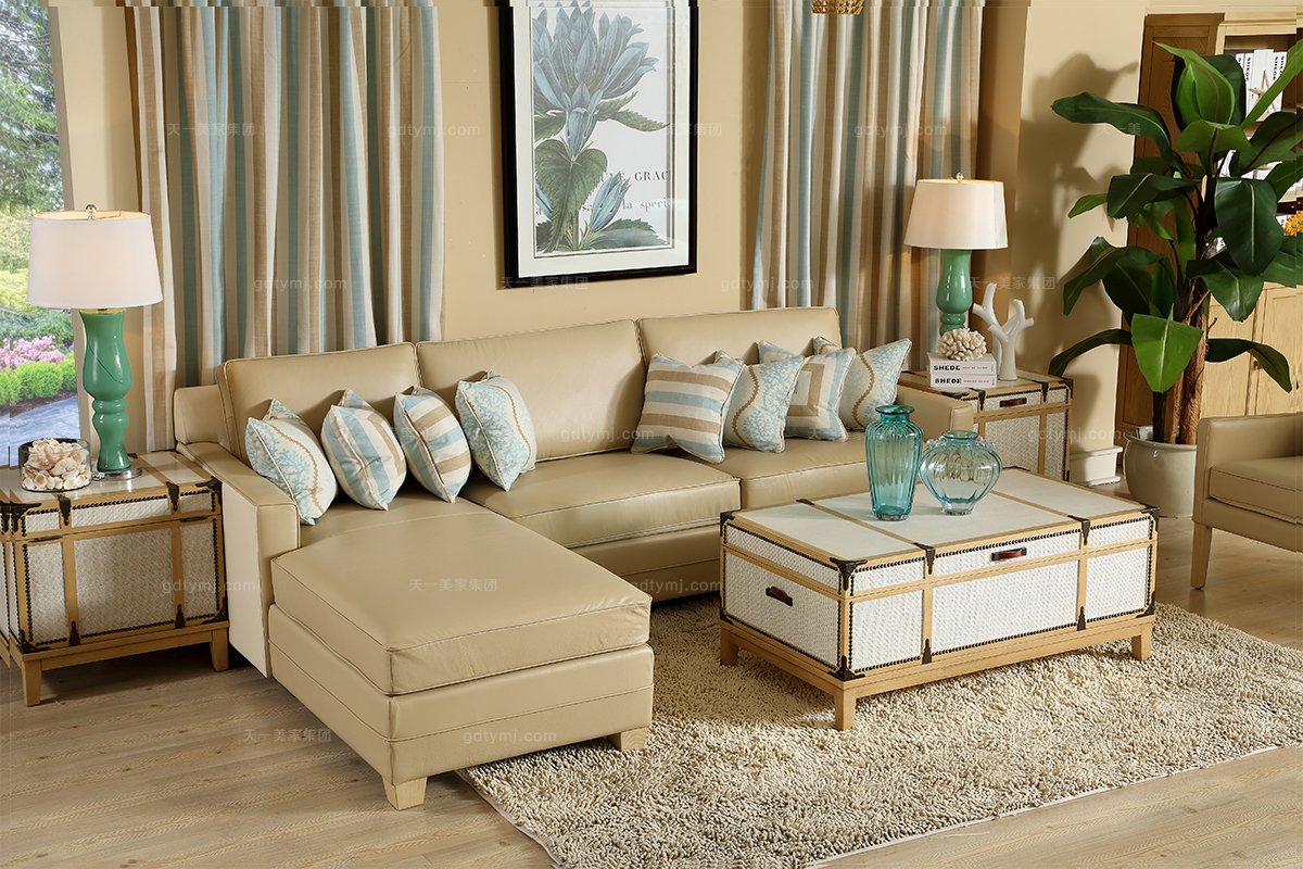 高端美式別墅家具品牌真皮米黃轉角沙發