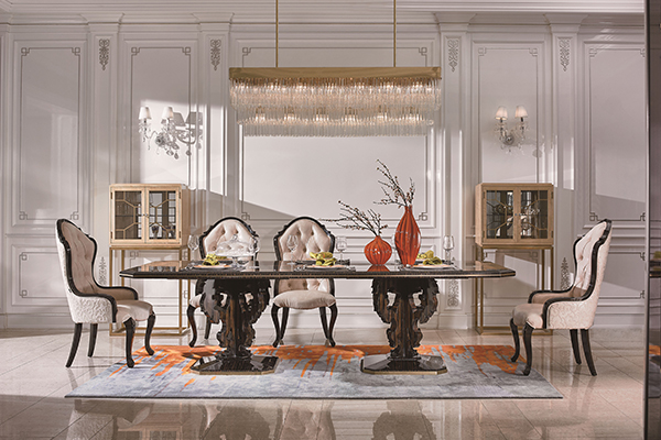 高端現代輕奢華餐廳家具實木餐廳餐桌黑檀木皮楓影木皮拼花真皮餐椅餐桌組合