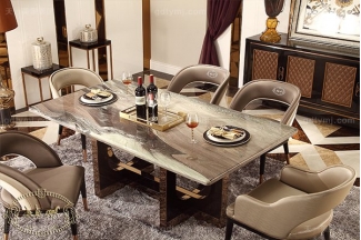 名貴后現代輕奢家具客廳餐桌椅山水紫石面餐桌拉絲紋真皮餐椅