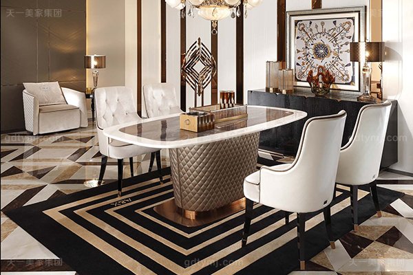 名貴后現(xiàn)代輕奢家具客廳餐桌椅山水紫拼面板餐桌白色絨布拉點餐椅