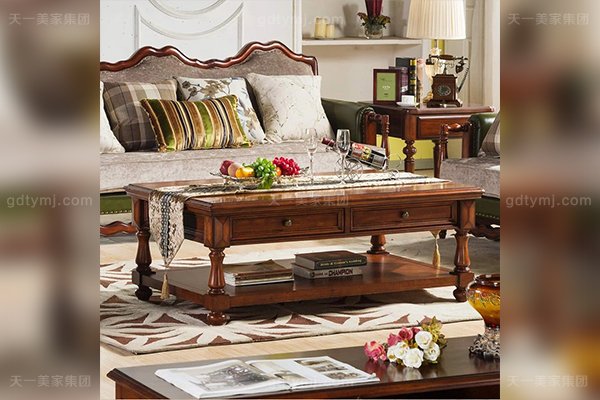 高端別墅家具優(yōu)質橡膠木好實木雙層四抽美式長茶幾雙層四抽長茶幾