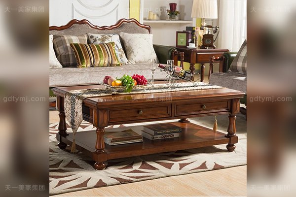 高端別墅家具優(yōu)質橡膠木好實木雙層四抽美式長茶幾雙層四抽長茶幾