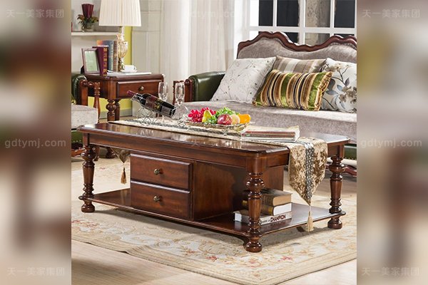 高端別墅豪華家具優質橡膠木好實木四抽美式長茶幾