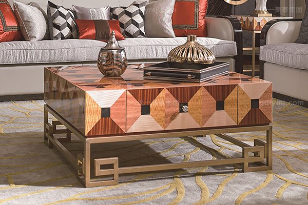 名貴別墅后現代輕奢風格品牌家具楓影黑檀木皮拼花客廳沙發組合茶幾