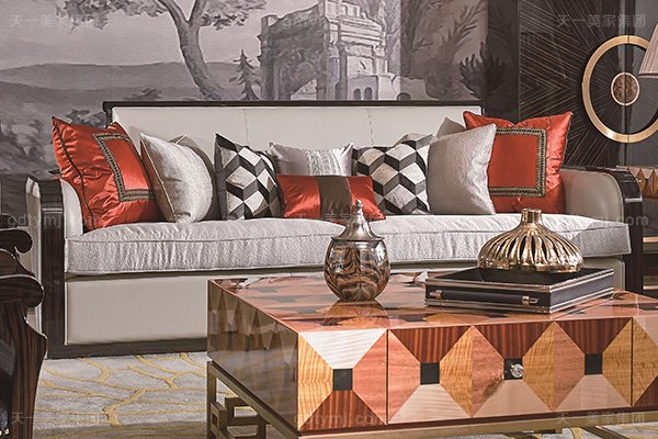 名貴別墅后現代輕奢風格品牌家具楓影黑檀木皮拼花客廳沙發組合三人位沙發