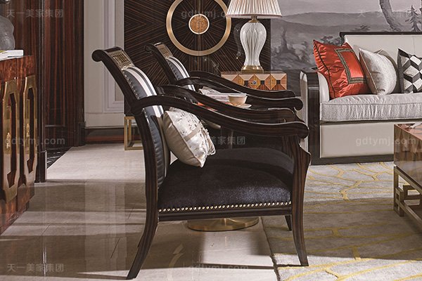 名貴別墅后現代輕奢風格品牌家具楓影黑檀木皮拼花客廳沙發組合單人位沙發