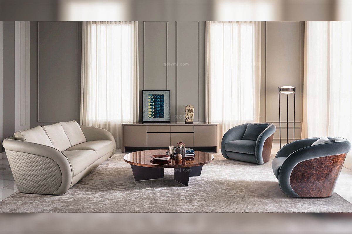 國際名貴高端奢華家具品牌客廳家具真皮+絨布藝沙發組合