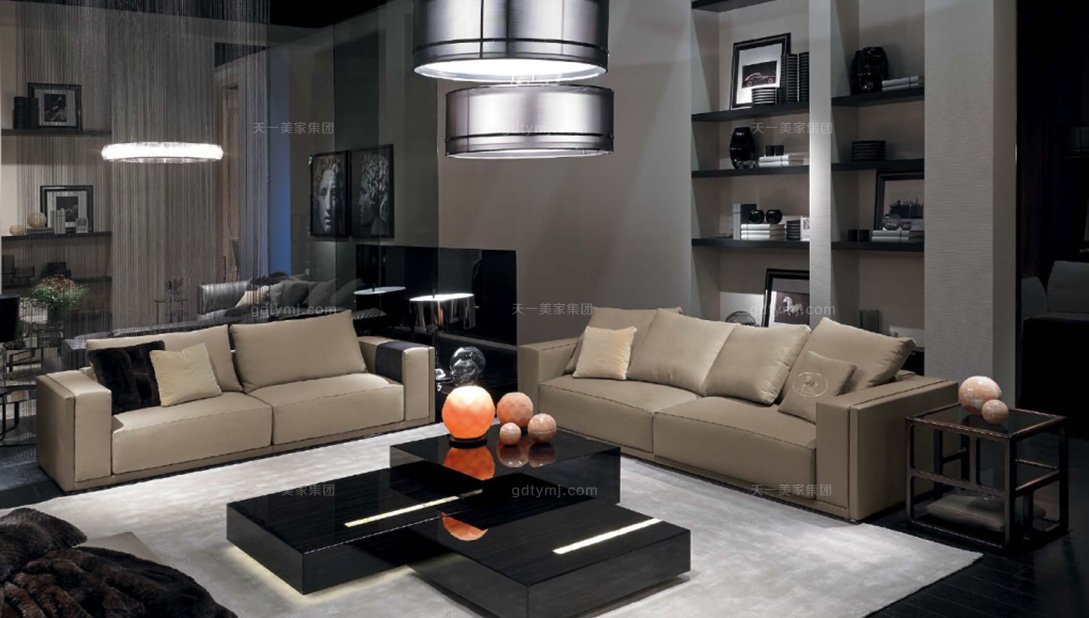 高端別墅客廳真皮沙發+茶幾組合