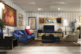 高端奢華時尚家具品牌客廳輕奢深藍色布藝沙發+電視柜茶幾組合