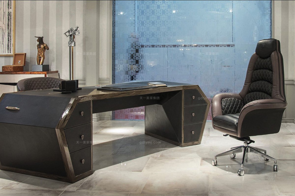 高端奢華大氣別墅家具品牌書(shū)房輕奢家具實(shí)木框架黑色辦公書(shū)桌椅組合辦公椅