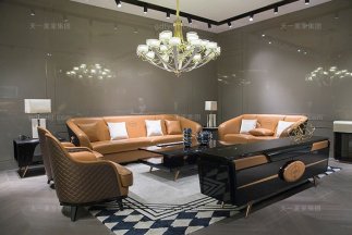 奢華別墅家具品牌輕奢后現代風客廳愛馬仕橙真皮沙發組合