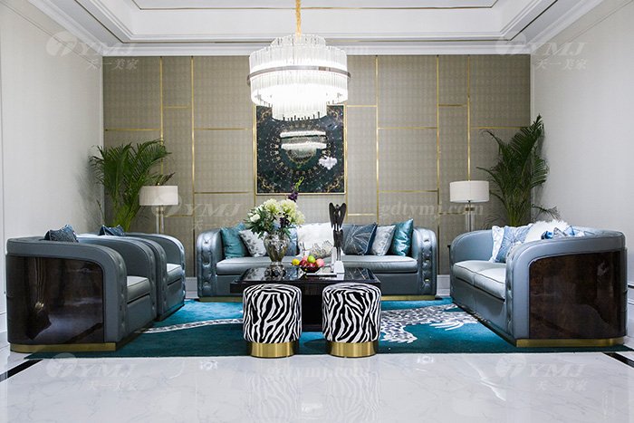 高端私家別墅家具品牌輕奢現代客廳家具時尚藍色真皮沙發組合