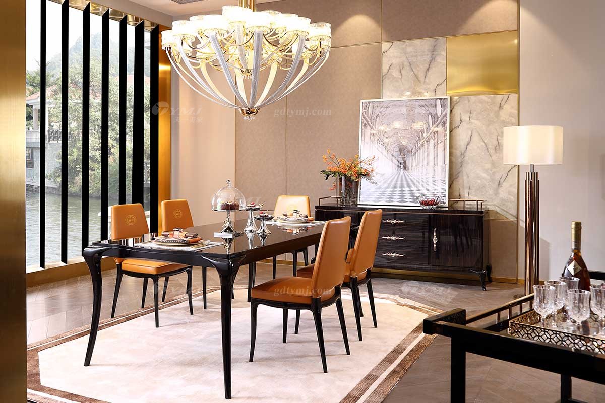 奢華會所家具品牌高端樣板間家具輕奢后現代時尚愛馬仕橙頭層皮餐椅金絲黑檀