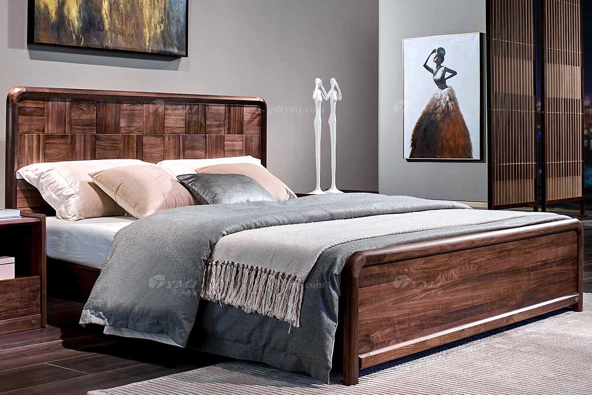 高端會所別墅家具品牌樣板房家具輕奢新中式風格黑胡桃實木家具大床系列雙人床