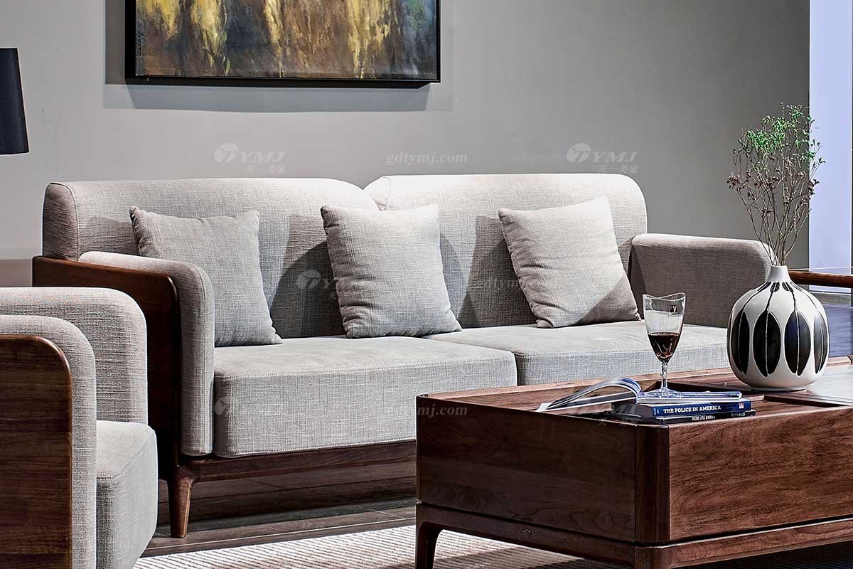 高端別墅家具品牌高檔樣板房家具輕奢新中式風格黑胡桃高彈高密度海綿優質布藝沙發系列三位沙發