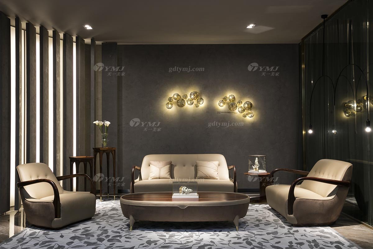 高端豪宅會所家具品牌輕奢新中式風客廳家具高彈高密度海綿真皮沙發系列