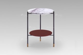 高檔別墅會所現代輕奢家具高級大理石面+勃艮地紅層板小圓幾