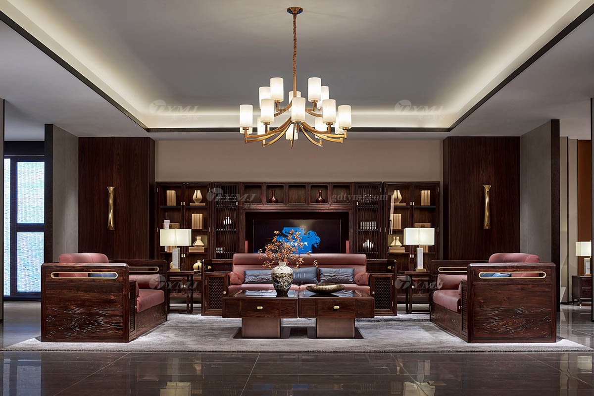 新中式輕奢時尚高端品牌家具黑酸枝實木單位沙發單位沙發H-PGSF1場景