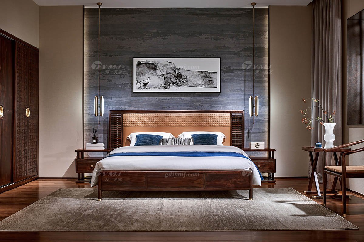 優雅新中式輕奢高端品牌家具黑酸枝實木橙色意大利真皮大方床大方床H-PMC23場景