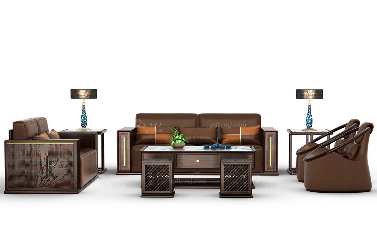 高檔別墅家具品牌新中式輕奢黑酸枝木意大利真皮單位沙發單位沙發H-PDSFA1組合