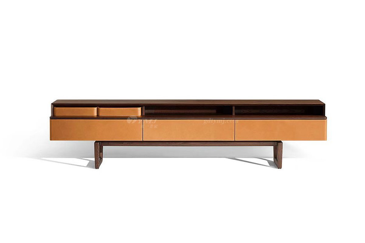 現代時尚輕奢家具品牌客廳馬鞍皮藝+北美黑胡桃實木電視柜