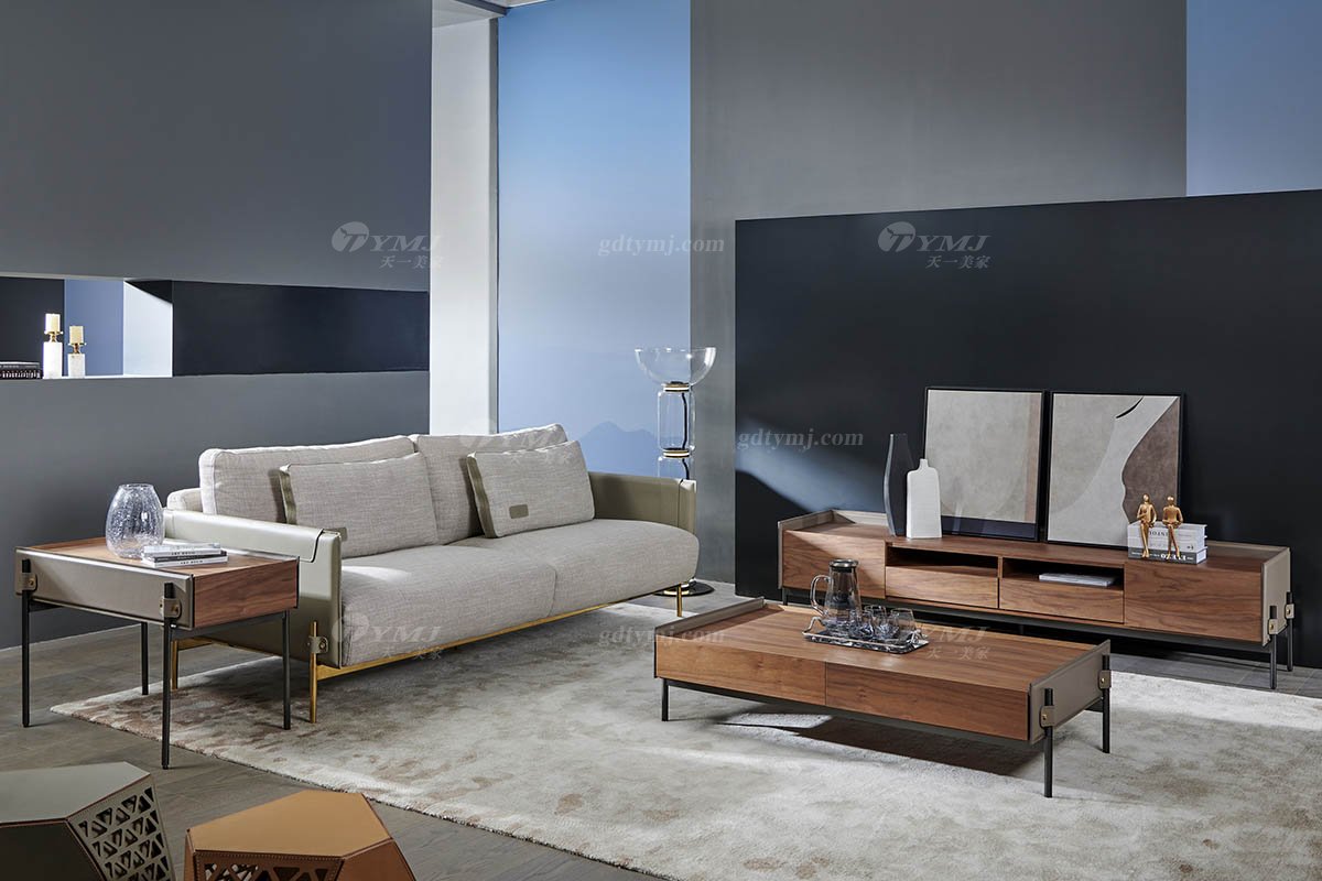 現(xiàn)代輕奢時(shí)尚別墅家具品牌高端皮布藝結(jié)合軟包舒適三人位沙發(fā)SF-22三人位沙發(fā)場景2