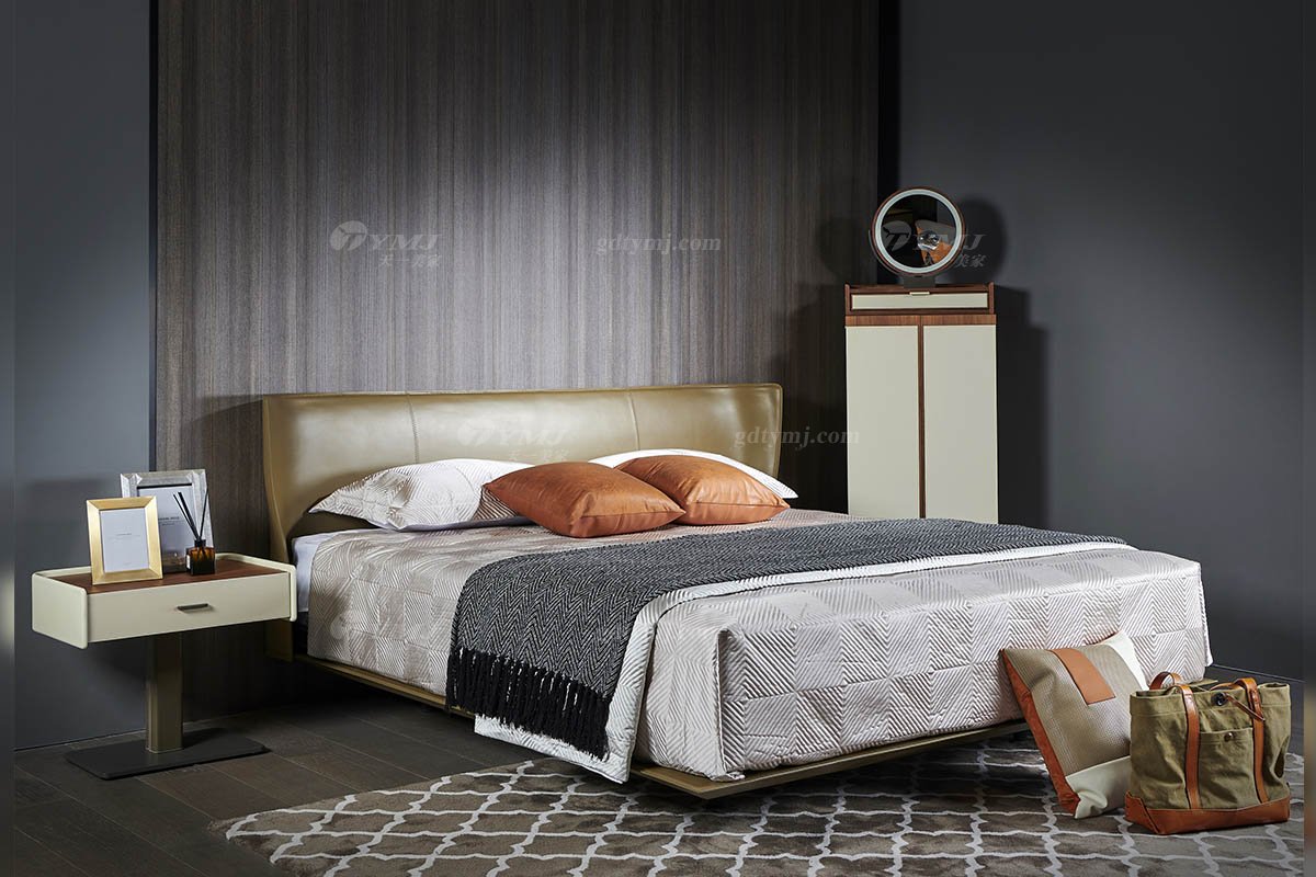現代輕奢家具品牌臥室別墅家具時尚皮藝軟包大床雙人床A-06床場景