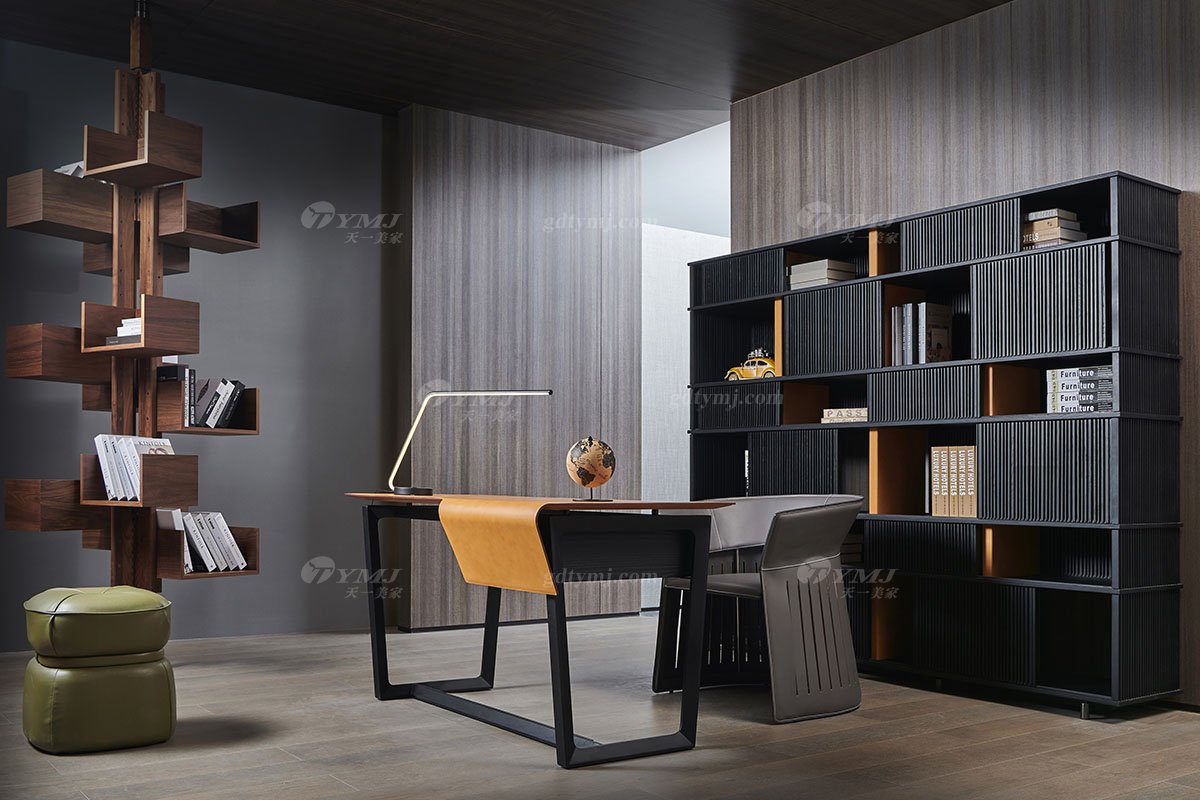 現(xiàn)代輕奢家具品牌別墅家具時(shí)尚進(jìn)口白蠟實(shí)木書柜展示柜S-06書柜場景