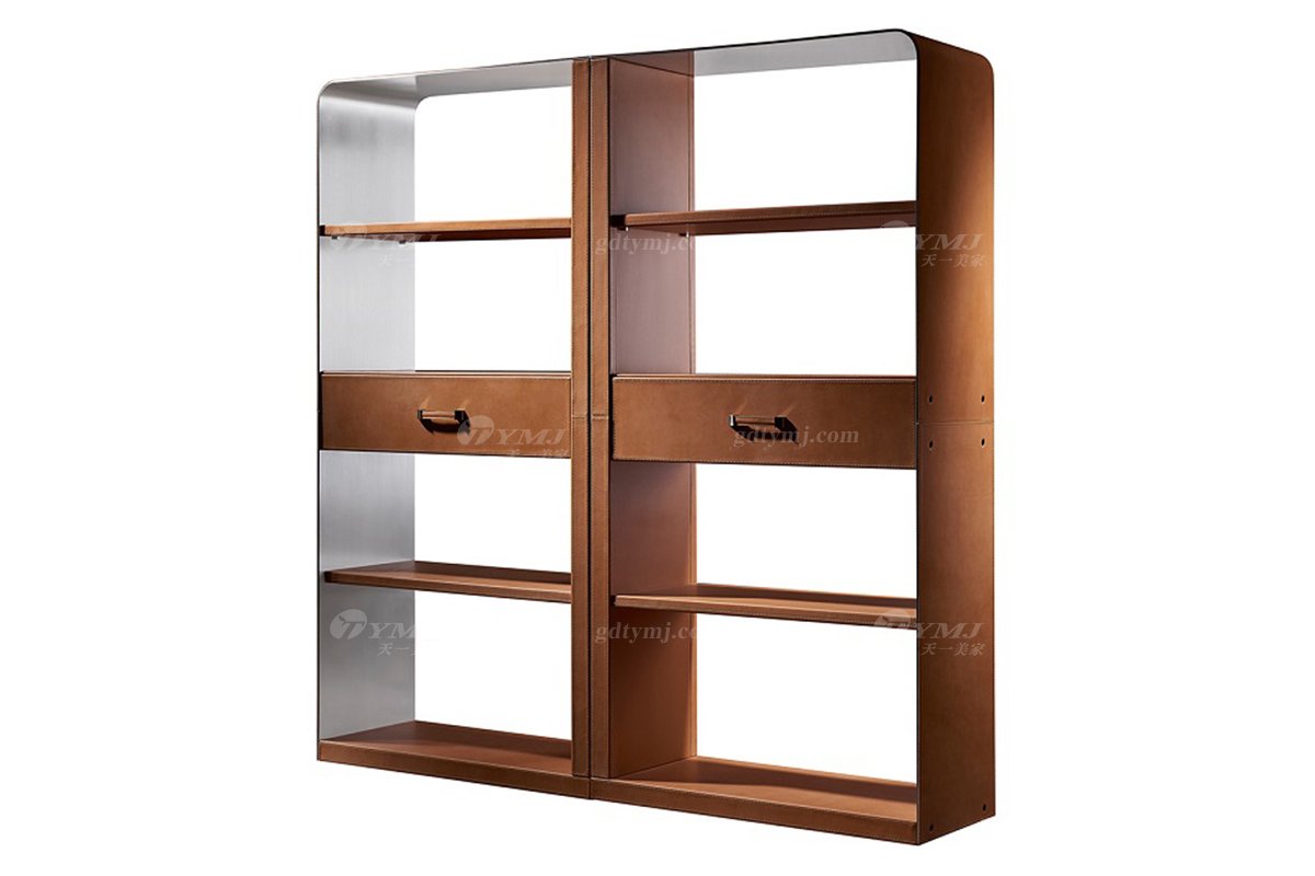 現(xiàn)代輕奢家具品牌別墅家具時(shí)尚書房馬鞍皮藝書柜展示柜S-09展示柜