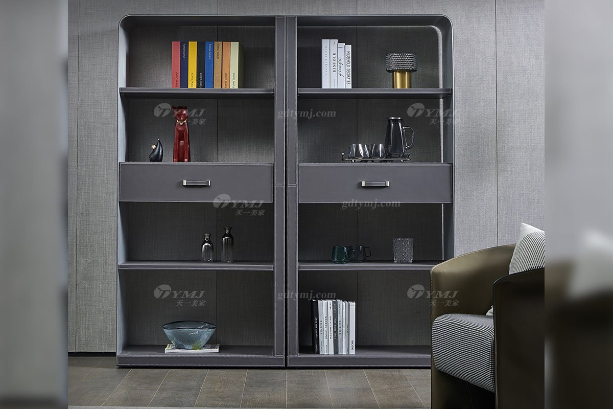 現(xiàn)代輕奢家具品牌別墅家具時(shí)尚書房馬鞍皮藝書柜展示柜S-09展示柜