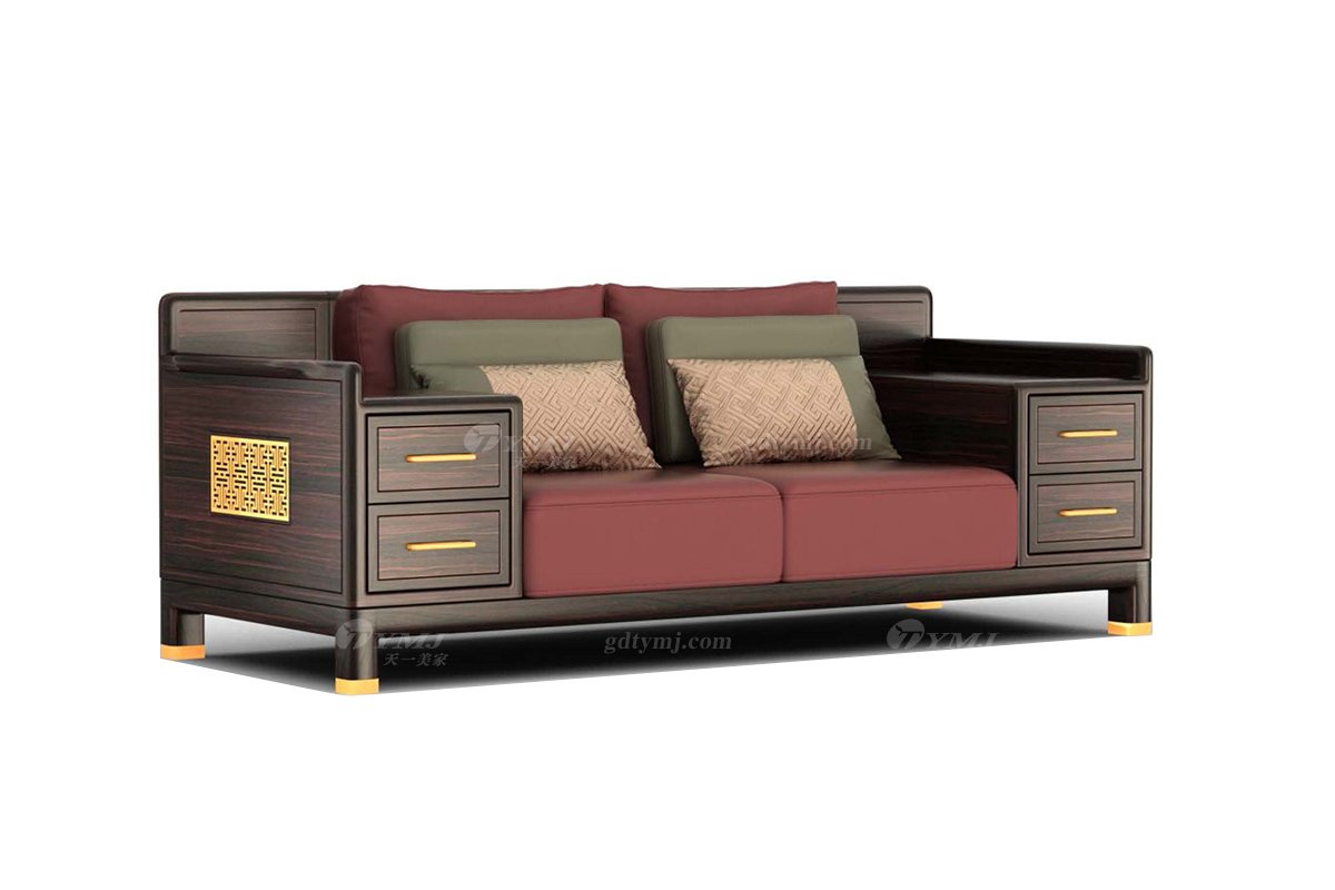 時尚高檔家具品牌輕奢新中式風格進口烏金木真皮刺繡二人位沙發