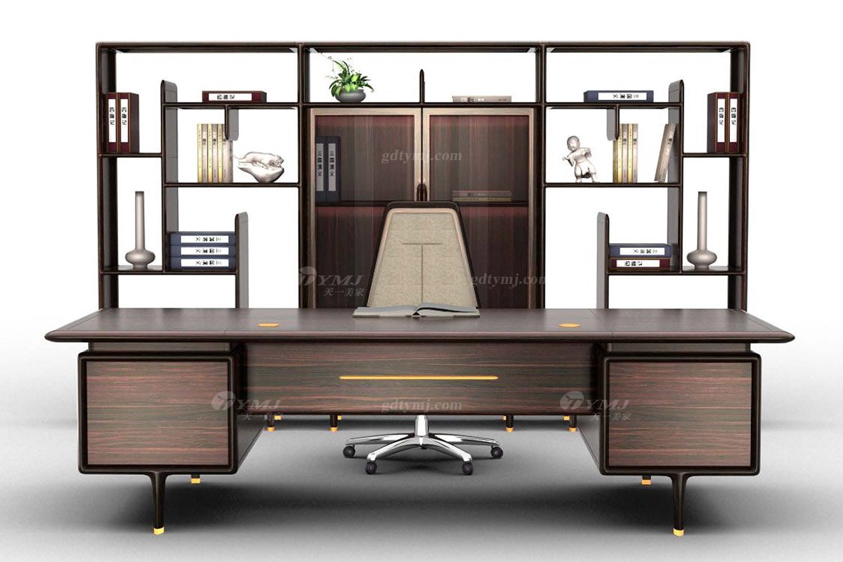 新中式家具風格品牌別墅會所家具高端大氣進口烏金木實木大班臺H-TBBT28-G大班臺場景