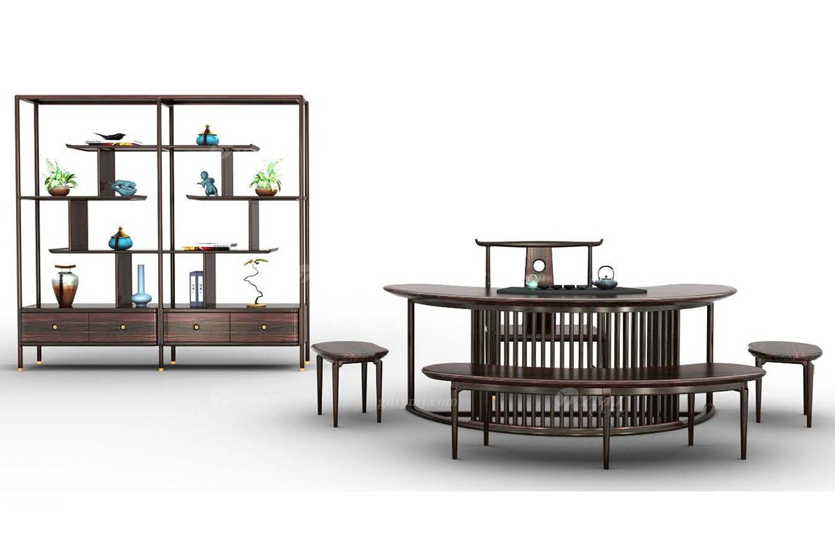 新中式家具風格品牌別墅會所家具高端大氣進口烏金木實木博古架H-TJBGJ2-G博古架場景