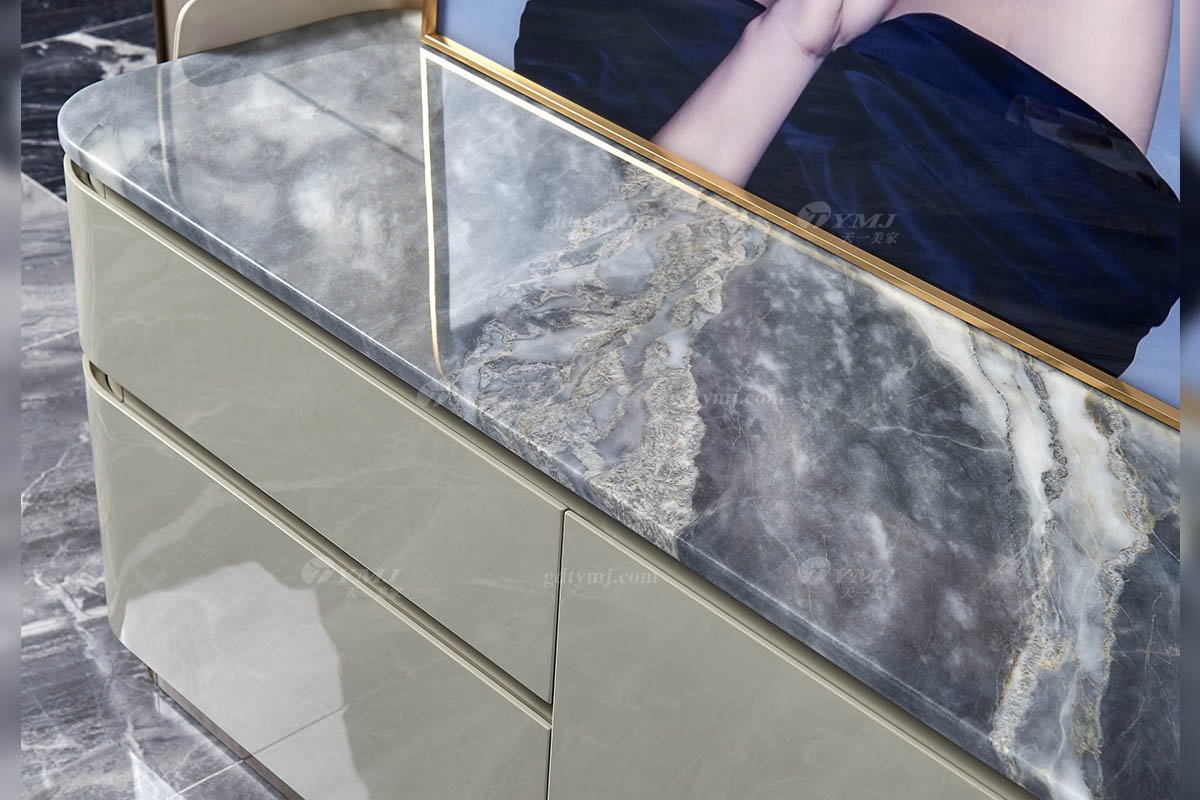 高端別墅豪宅家具星級酒店家具品牌后現代輕奢風格客廳卡其色+魚肚灰大理石電視柜TK607-220電視柜細節