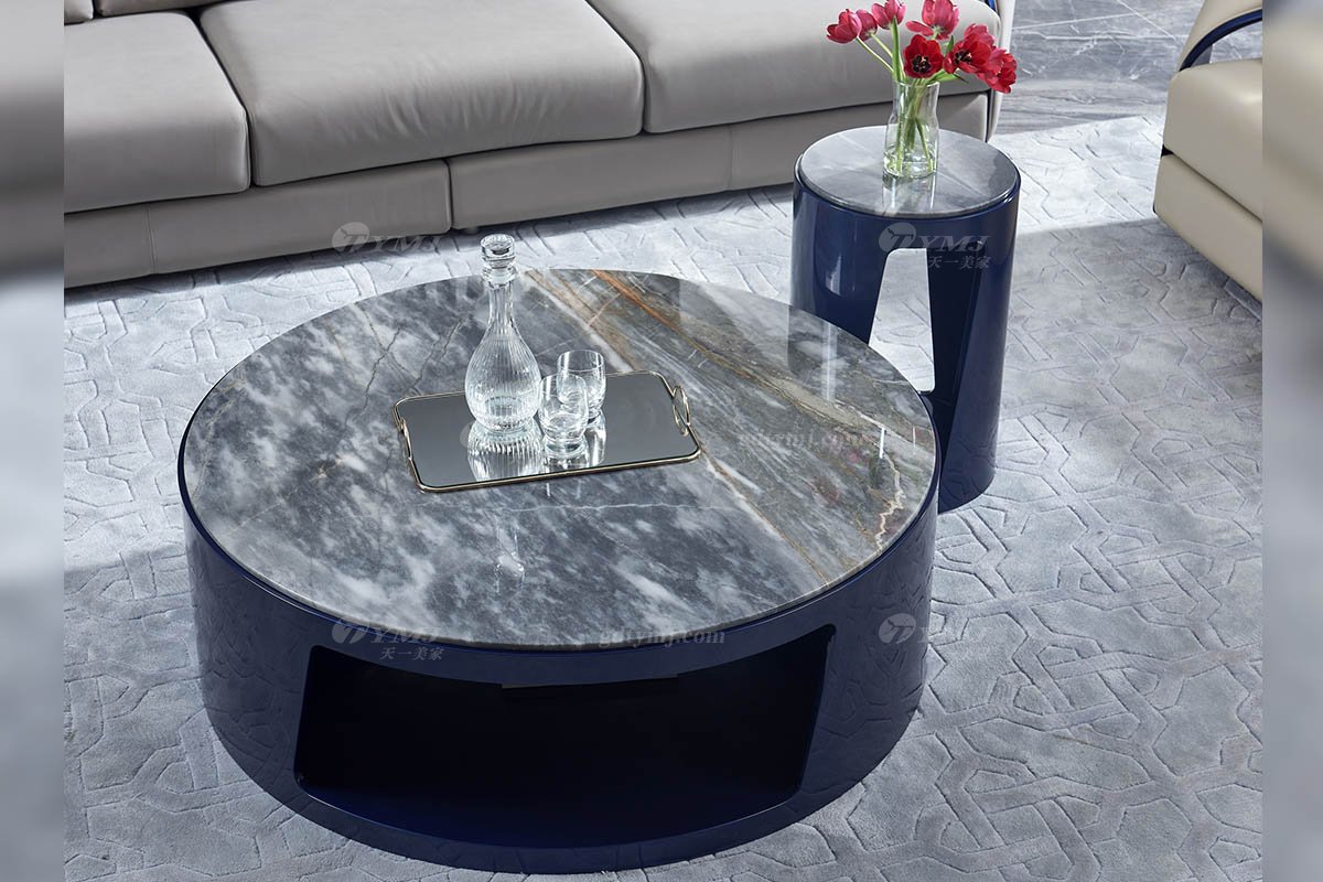 高端別墅豪宅家具星級酒店家具品牌后現(xiàn)代輕奢風(fēng)格客廳時(shí)尚孔雀藍(lán)+魚肚灰石面茶幾TK758-120茶幾組合