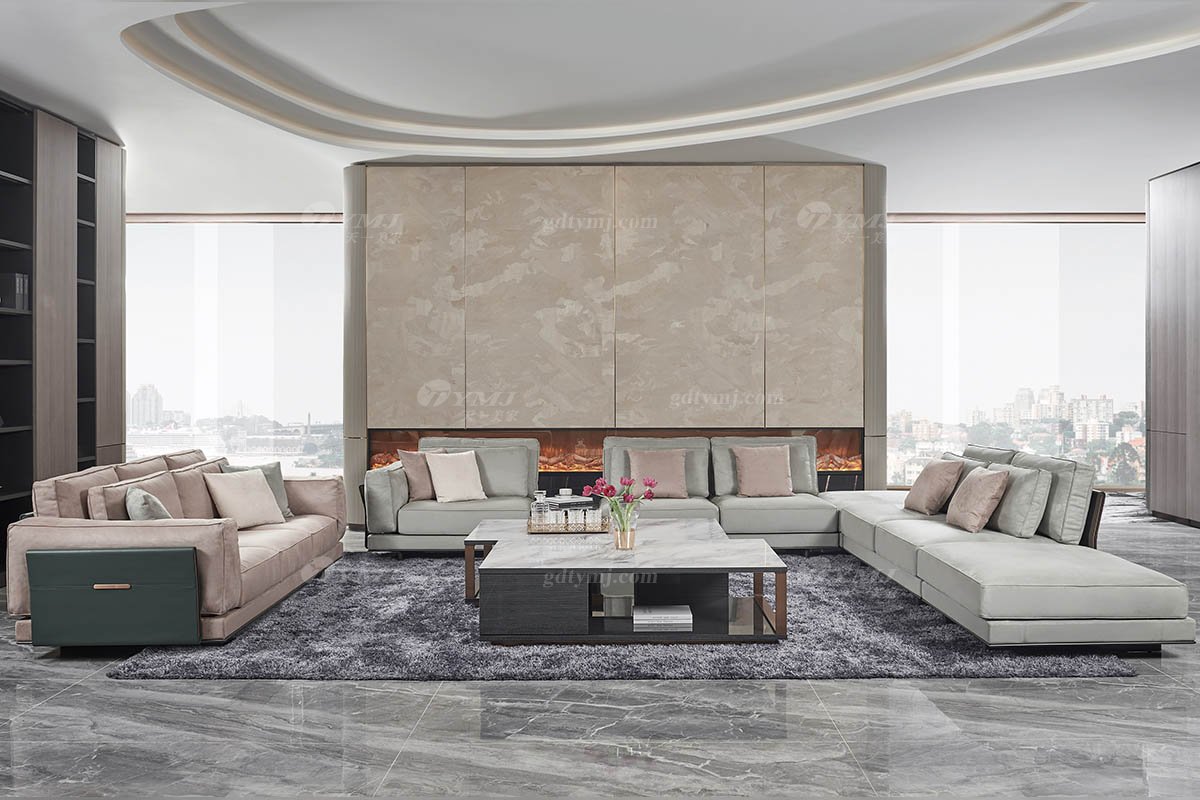 高端會所別墅大宅家具品牌后現代輕奢風格客廳大氣舒適米色轉角組合沙發TX004組合沙發場景