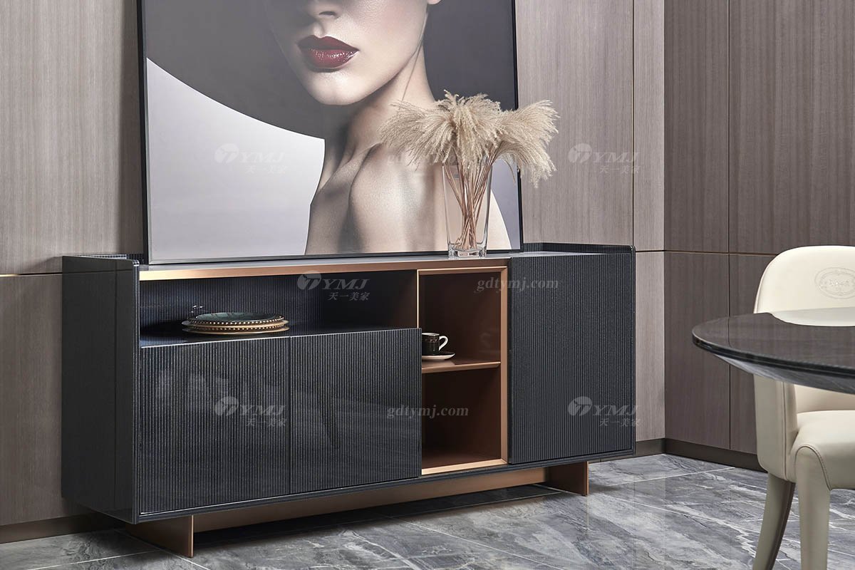 后現代輕奢風格家具高端會所別墅品牌家具時尚餐廳大理石面+黑檀餐柜