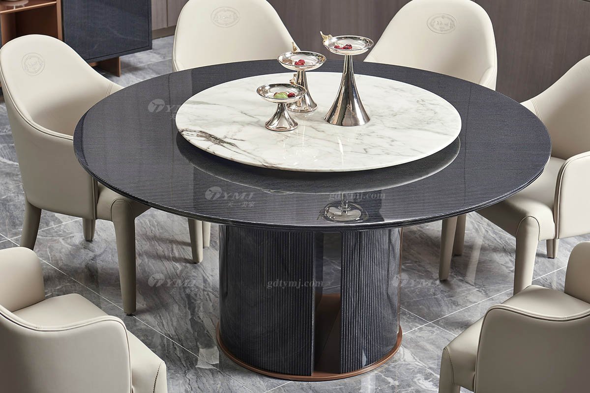 后現代輕奢風格家具高端會所別墅品牌家具時尚餐廳大理石+黑檀圓餐桌餐臺