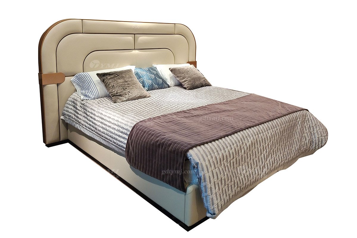 輕奢后現代風格家具高端會所別墅品牌家具時尚臥室真皮+玫瑰金屬大床