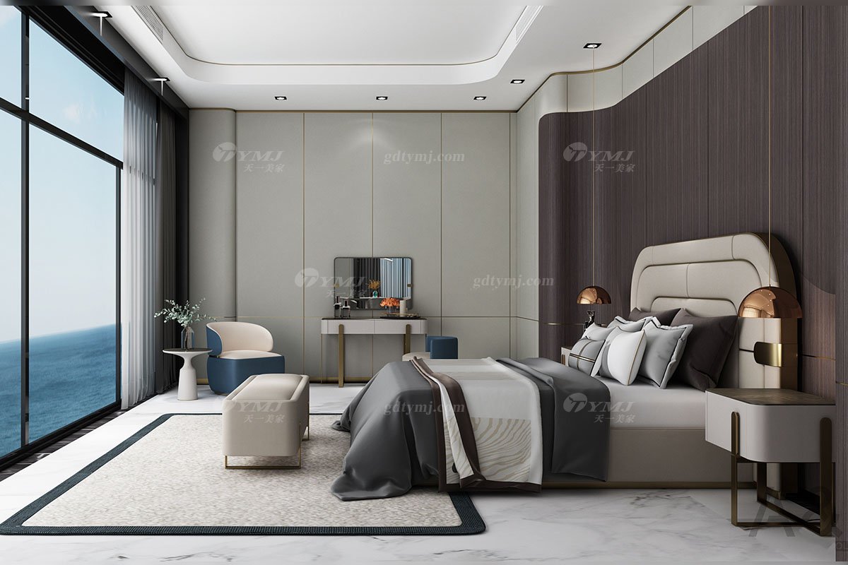 輕奢后現(xiàn)代風(fēng)格家具高端會(huì)所別墅品牌家具時(shí)尚臥室真皮+玫瑰金屬大床CW248-081床場(chǎng)景1