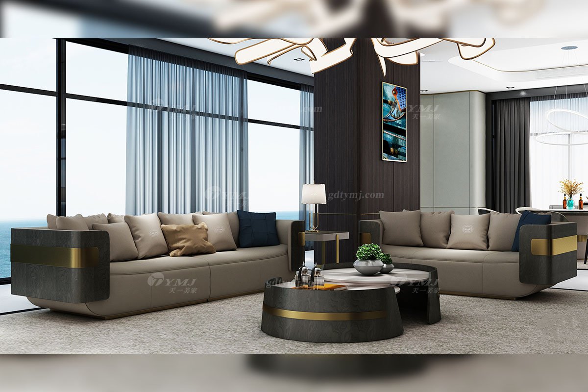 輕奢后現代風格家具高端會所別墅品牌家具時尚客廳樹瘤+真皮四位沙發CX640-4四位沙發場景